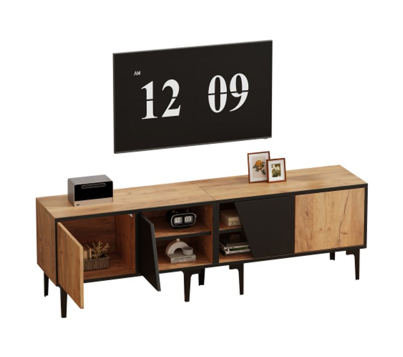 Meuble TV 160 Cm-plateau Bas à 7 Pieds-compatible Avec Les Téléviseurs Jusqu'à 65 Pouces-naturel