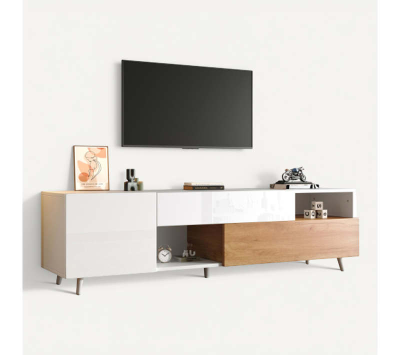 Meuble TV 180cm- Meuble Bas Avec Porte Et Tiroir-finition Laquée Brillante-jusqu'à 75 Pouces-blanc
