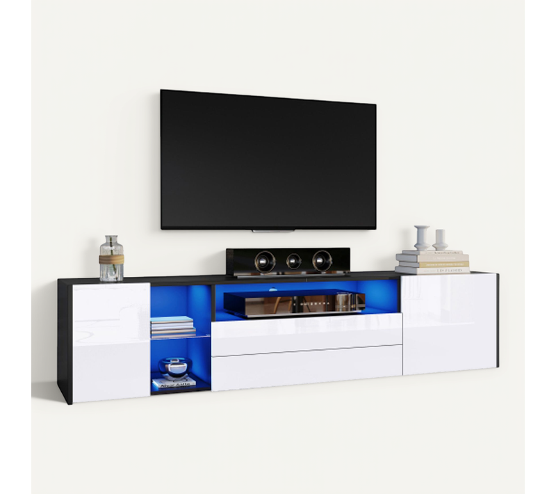 Meuble TV 180 Cm-laqué Brillant-led-avec 2 Tiroirs Et 2 Placards-jusqu'à 75 Pouces-noir Et Blanc