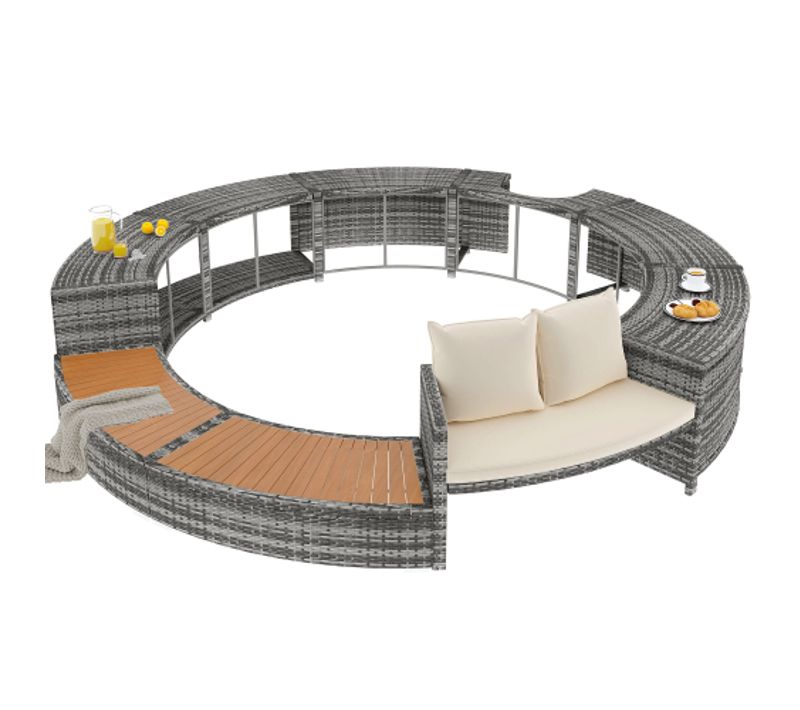 Ensemble De Salon De Jardin Avec Canapé Rond-ensemble Lounge-pour Piscine-coussins Inclus-gris