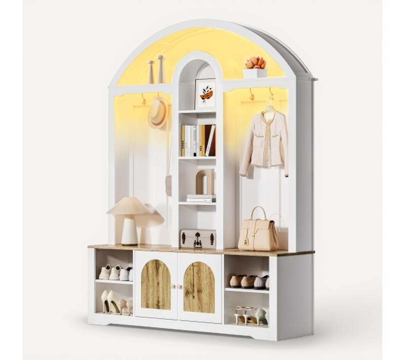 Meuble D'entrée 150x40x195 Cm-avec Étagère à Chaussures-vestiaire En Bois Robuste-blanc