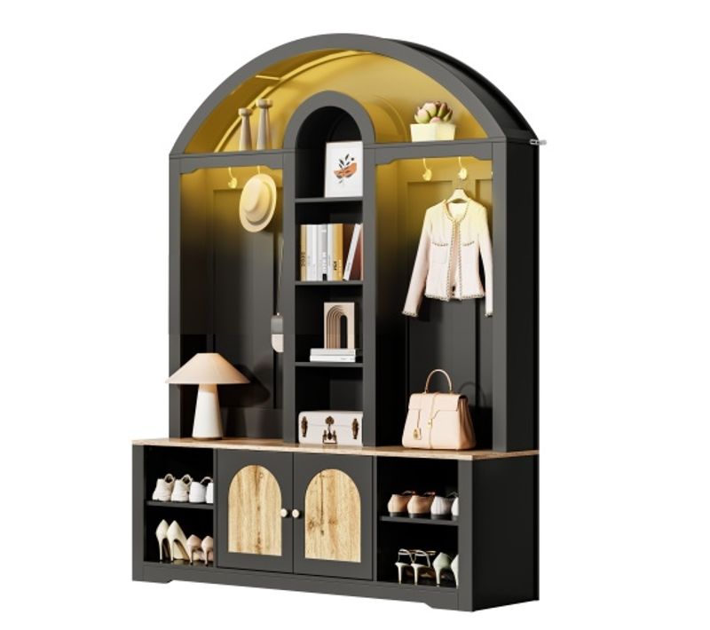 Meuble D'entrée 150x40x195 Cm-avec Étagère à Chaussures-vestiaire En Bois Robuste-noir