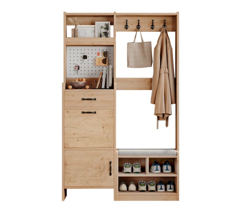 Meuble D'entrée Avec Banc à Chaussures-vestiaire Avec 4 Patères, 1 Tiroir Et 2 Portes-naturel