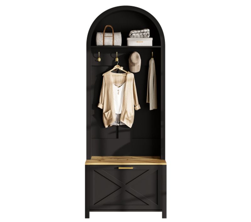 Vestiaire Avec Range-chaussures-étagère Et Patères-meuble D'entrée-structure Robuste En Bois-noir