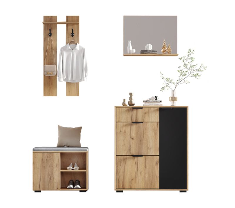 Ensemble Armoire D'entrée-fixé Au Mur-avec Un Banc à Chaussures Et Un Meuble à Chaussures-naturel