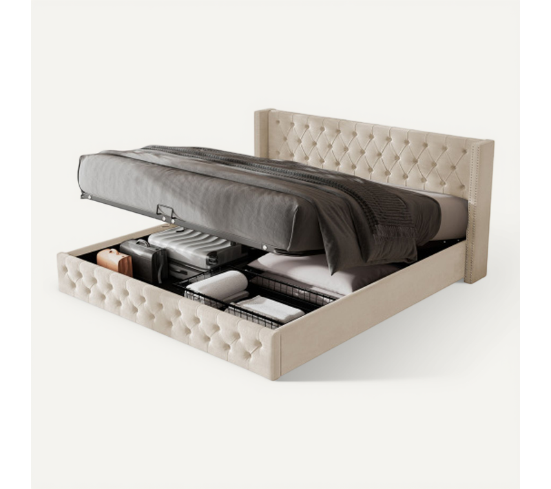 Lit Double 140*190cm-lit Adulte Avec Fonction Hydraulique-lit De Forme D'oreiller Capitonné-beige