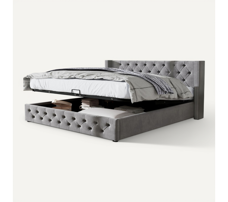 Lit Double 160*200cm-lit Adulte Avec Fonction Hydraulique-lit De Forme D'oreiller Capitonné-gris