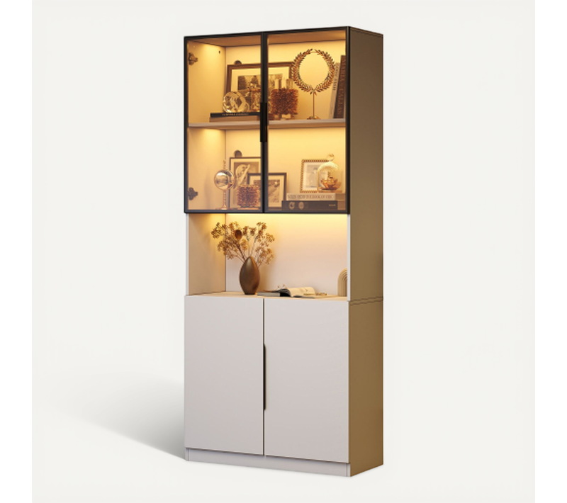 Vitrine 200cm Minimaliste-avec Portes Vitrée-led Réglable-étagère Pour Objets De Collection-blanc