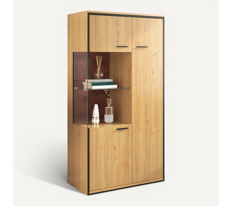 Vitrine LED -meuble Haut 150cm-porte Vitrée-grand Espace De Rangement-étagère En Verre-naturel