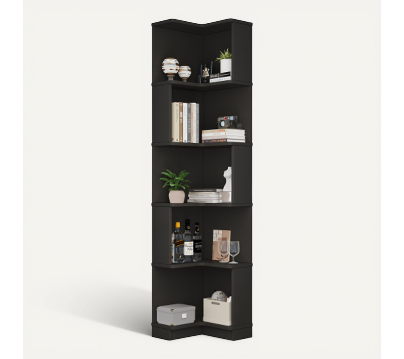 Bibliothèque D'angle H175 Cm-en L-vitrine LED Réglable-5 Niveaux De Rangement-noir