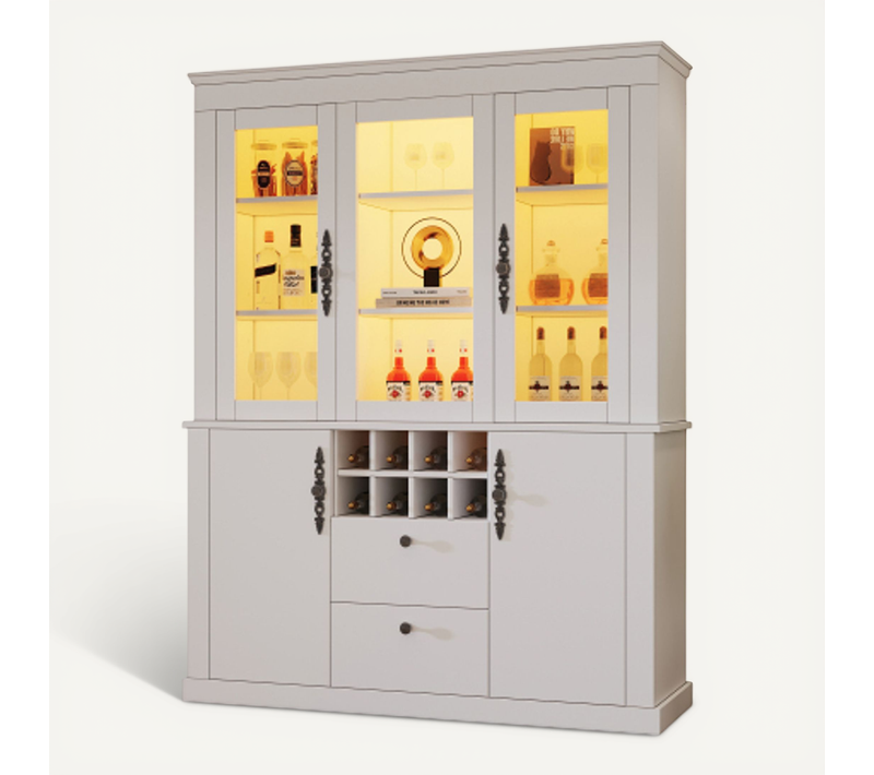 Vitrine Avec 2 Tiroirs Et 4 Portes-meuble De Salon LED De 130 Cm De Large-avec 8 Casiers à Vin-blanc
