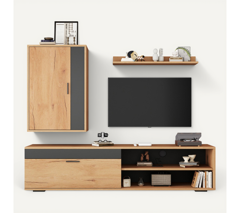 Ensemble De Meuble TV Mural-3 Pièces-meuble TV Portée 40 Kg-à Poser Ou à Fixer Au Mur-bois Et Noir.