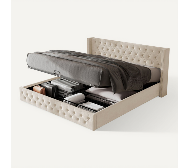 Lit Double 180*200cm-lit Adulte Avec Fonction Hydraulique-lit De Forme D'oreiller Capitonné-beige