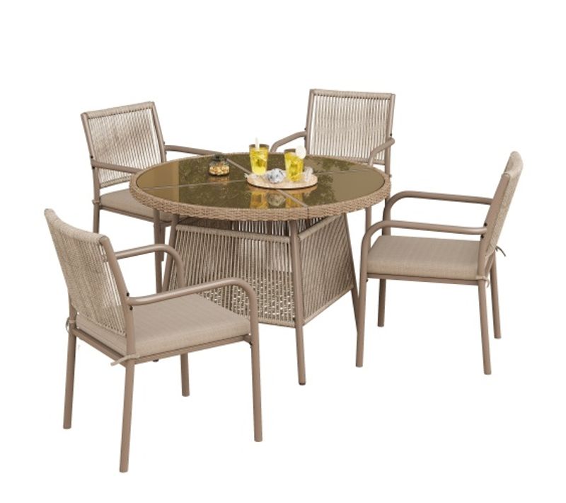 Set Jardin 5 Pièces-en Rotin-comprenant 1 Table Ronde En Verre Et 4 Fauteuils-en Fer-naturel