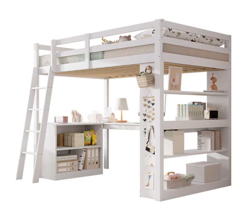 Lit Mezzanine 90 X 200 Cm-lit Enfant-rangement Pratique, Barrière De Sécurité-en Bois Massif-blanc
