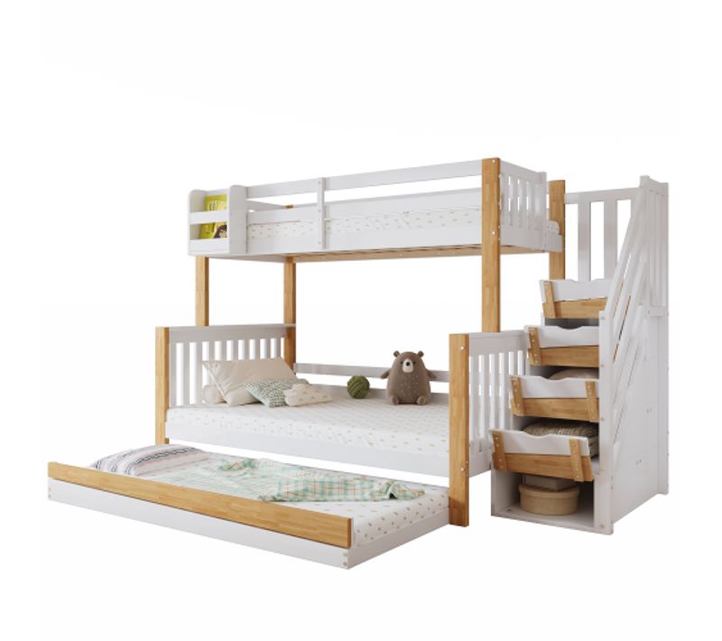 Lit Superposé 90 X 200 Cm-lit Enfant Avec Barrière-lit Gigogne-escalier D'angle-en Bois Massif-blanc