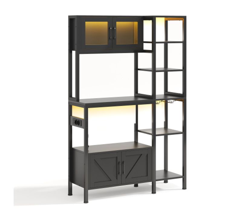 Étagère De Cuisson-meuble De Cuisine-avec Prise Et Éclairage LED-porte-verres à Vin-noir