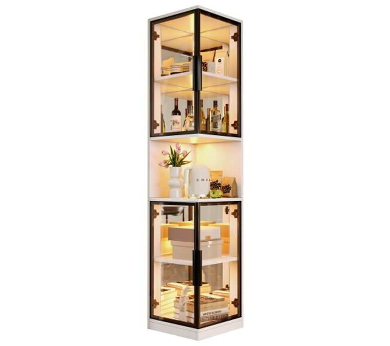 Vitrine LED Réglable-armoire Haute 205cm-avec 4 Porte Vitrée Et Panneau Arrière Miroir-blanc