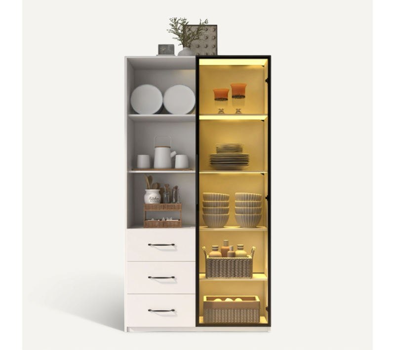 Vitrine LED-avec Porte En Verre Trempé-3 Tiroirs Et 3 Compartiments Ouverts-meubles De Cuisine-blanc