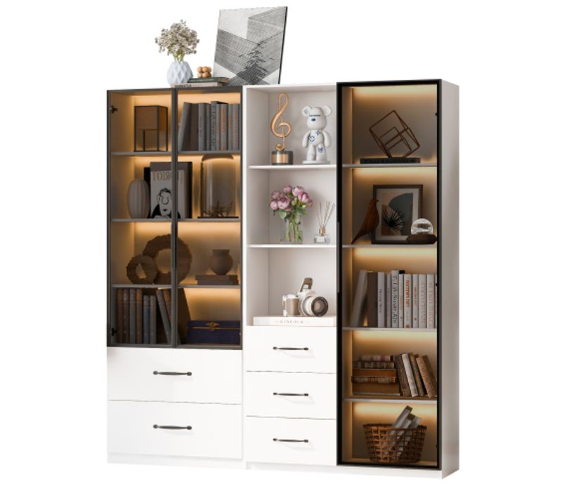Vitrine LED-avec Porte En Verre Trempé-5 Tiroirs Et 3 Compartiments Ouverts-meubles De Cuisine-blanc