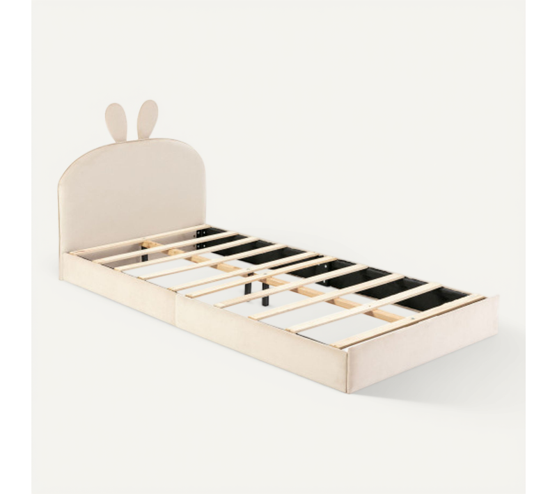 Lit Enfant Capitonné 90 X 200 Cm-lit Simple-sommier à Lattes En Bois-en Velours-beige