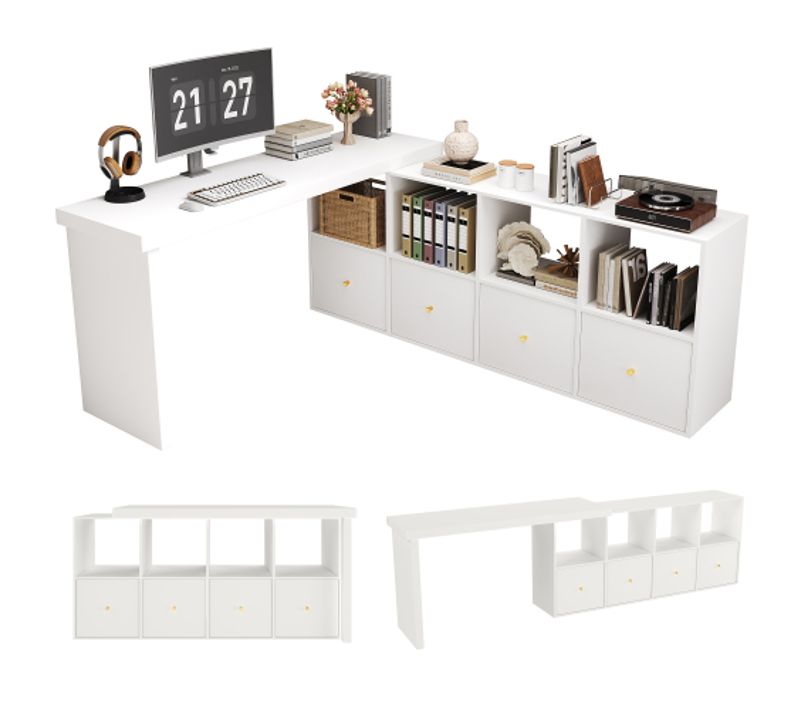 Bureau D'angle-plateau Pivotant à 360°-configuration En L Ou Droite-en Mdf-4 Tiroirs-blanc
