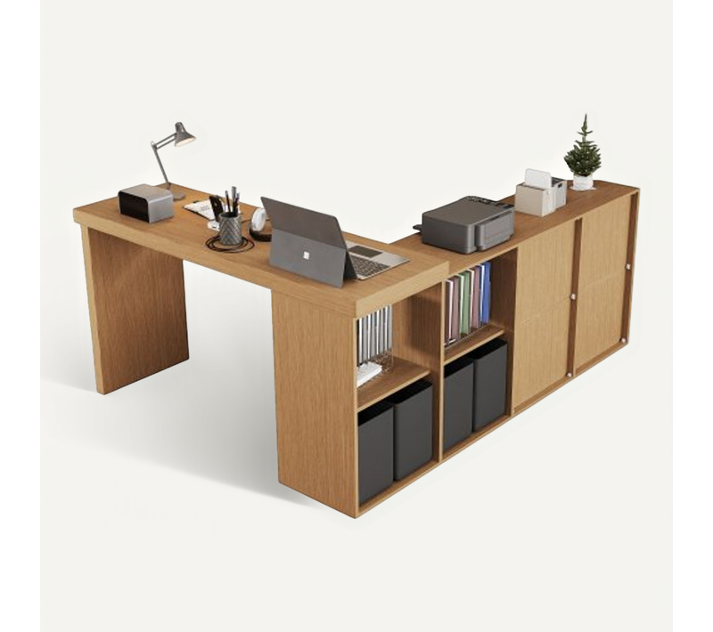 Bureau D'angle-plateau Pivotant à 360°-configuration En L Ou Droite-en Mdf-4 Tiroirs-naturel