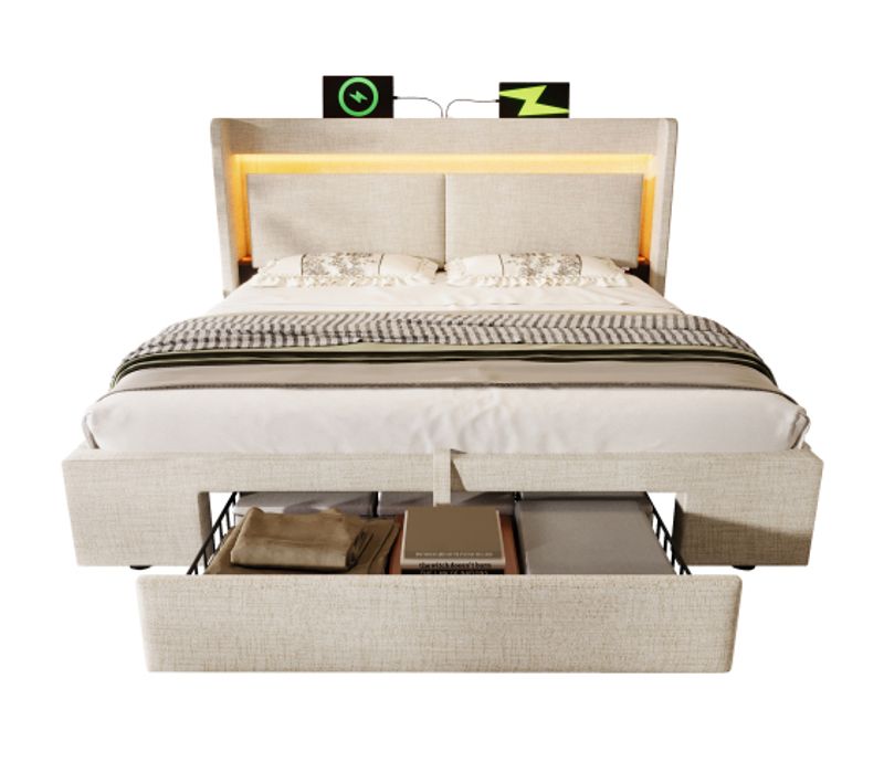 Lit Double 180x200 Cm-avec Rangement Hydraulique-lit Adulte Avec LED，usb + Type-c-en Lin-beige