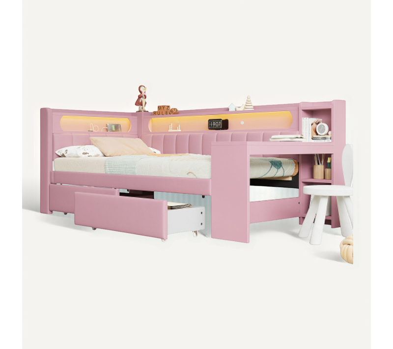 Lit Enfant 90x200 Cm - Avec Ports USB Et Ceinture LED - Bureau Et 2 Tiroirs - Rose