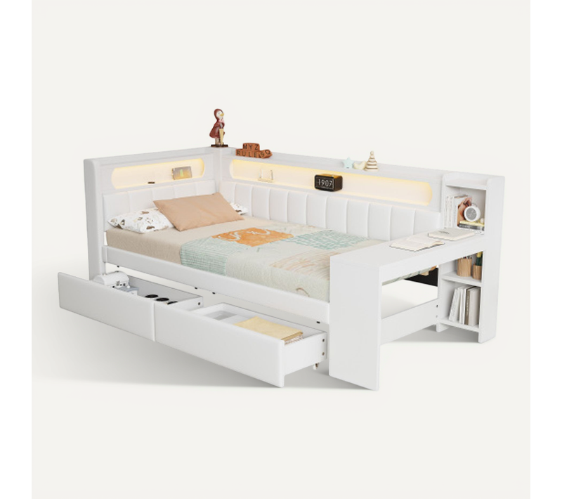 Lit Enfant 90x200 Cm - Avec Ports USB Et Ceinture LED - Bureau Et 2 Tiroirs - Blanc