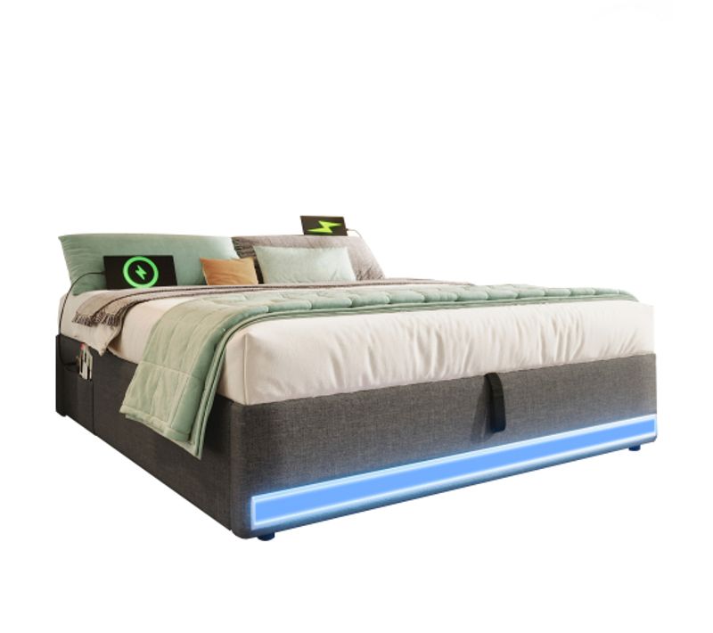 Lit Plateforme 140 X 200 Cm-lit Adulte LED-ports USB Et Type-c-sans Tête De Lit-gris