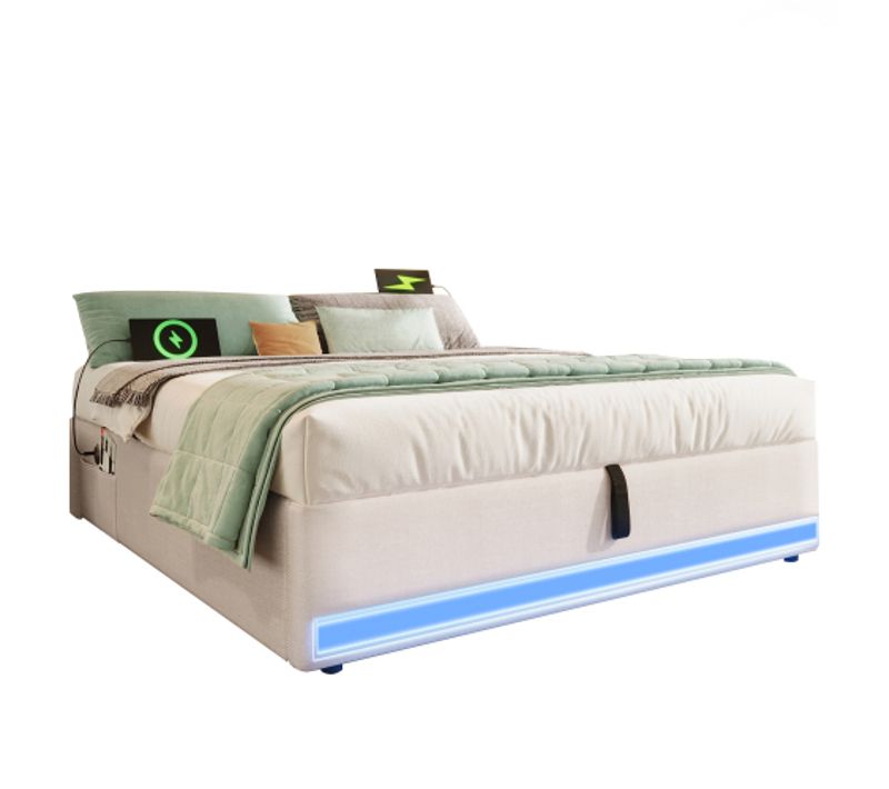 Lit Plateforme 140 X 200 Cm-lit Adulte LED-ports USB Et Type-c-sans Tête De Lit-beige