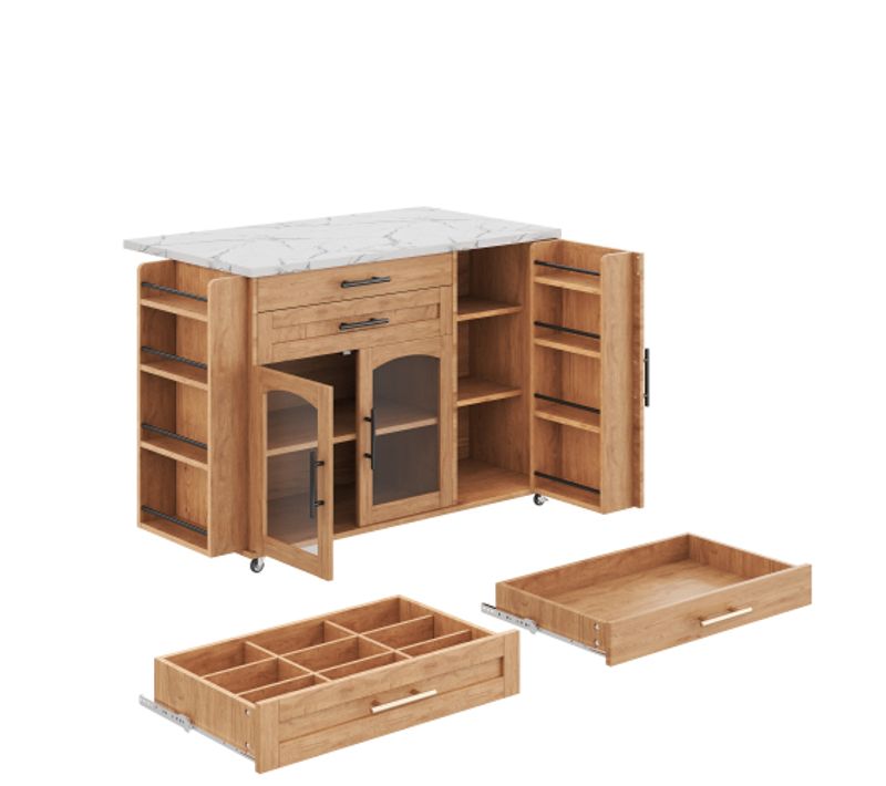 Îlot De Cuisine Mobile-desserte Avec Plan De Travail Pliable-chariot De Cuisine-portes En Verre-bois