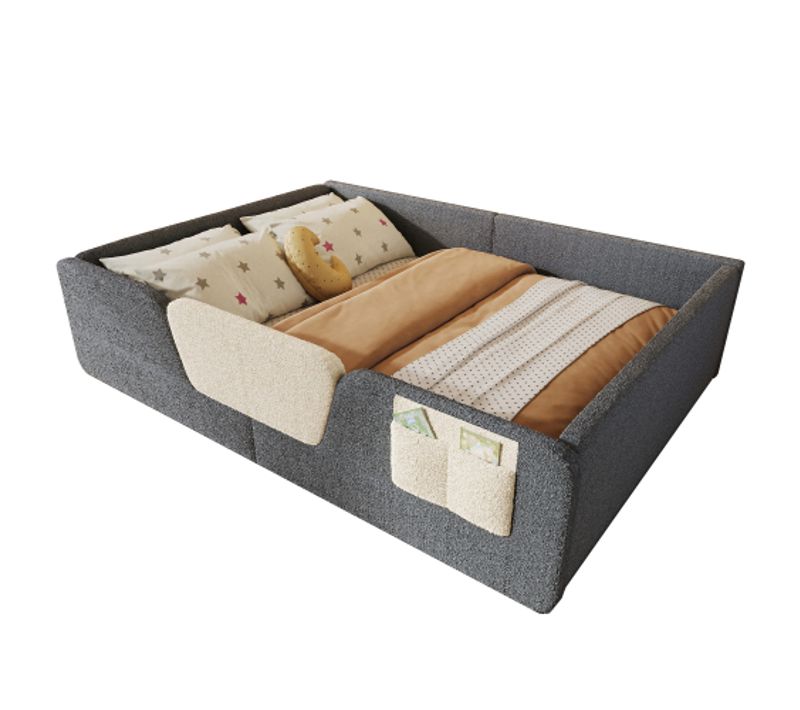 Lit Enfant 140x190 Cm - En Velours Avec Barrières Amovibles - Rangement Intégré - Gris