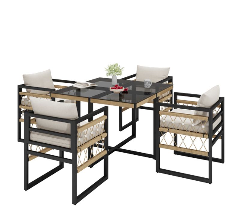 Ensemble De Canapé De Jardin-pour 4 Personnes-en Fer-avec 4 Coussins Beiges-noir