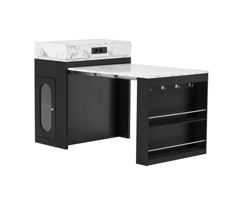 Îlot De Cuisine Sur Roulettes-table à Manger Extensible-bar-avec Multiprises Et Crochets-noir