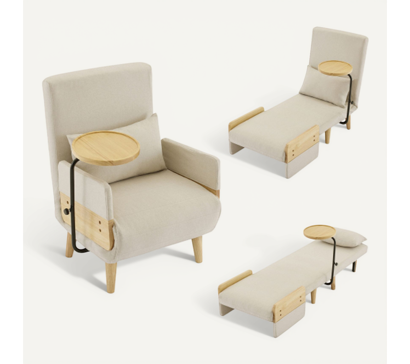 Fauteuil Convertible 3 En 1-plateau En Bois-chaise Pliante Rembourrée-fauteuil Lounge-beige