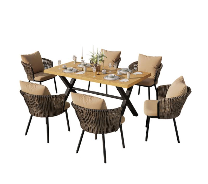 Ensemble Repas D'extérieu 6 Personnes-salon De Jardin En Rotin-structure En Fer-kaki