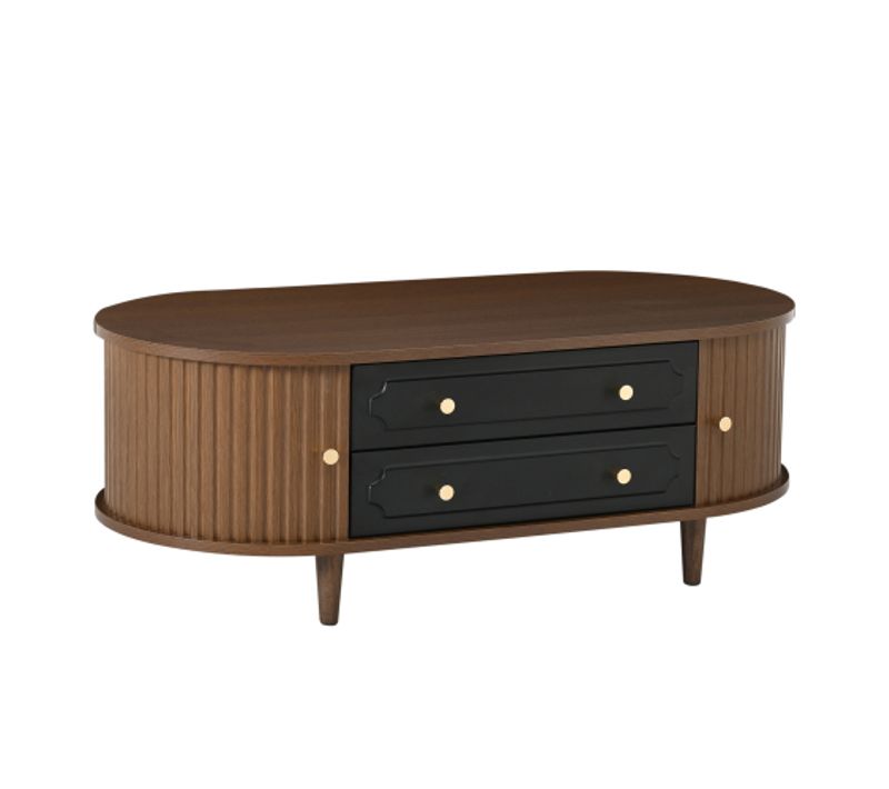 Table Basse De Salon à Deux Tiroirs-console Avec Porte Enroulable-table De Salon à 4 Pieds-noyer