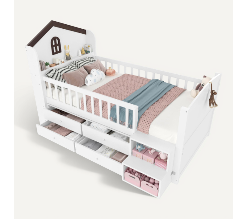 Lit Mi-hauteur 90 X 200 Cm-lit Enfant LED-4 Tiroirs-échelle De Rangement-blanc