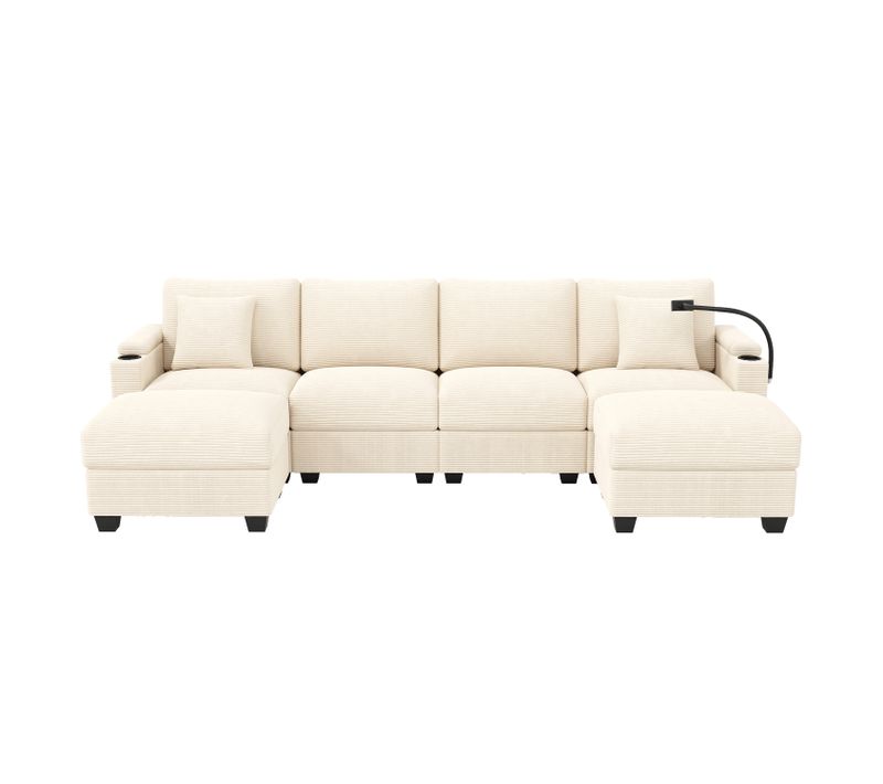 Canapé Angle Fixe 4 Places En Forme De U Avec Support Pour Téléphone Et Port USB Beige