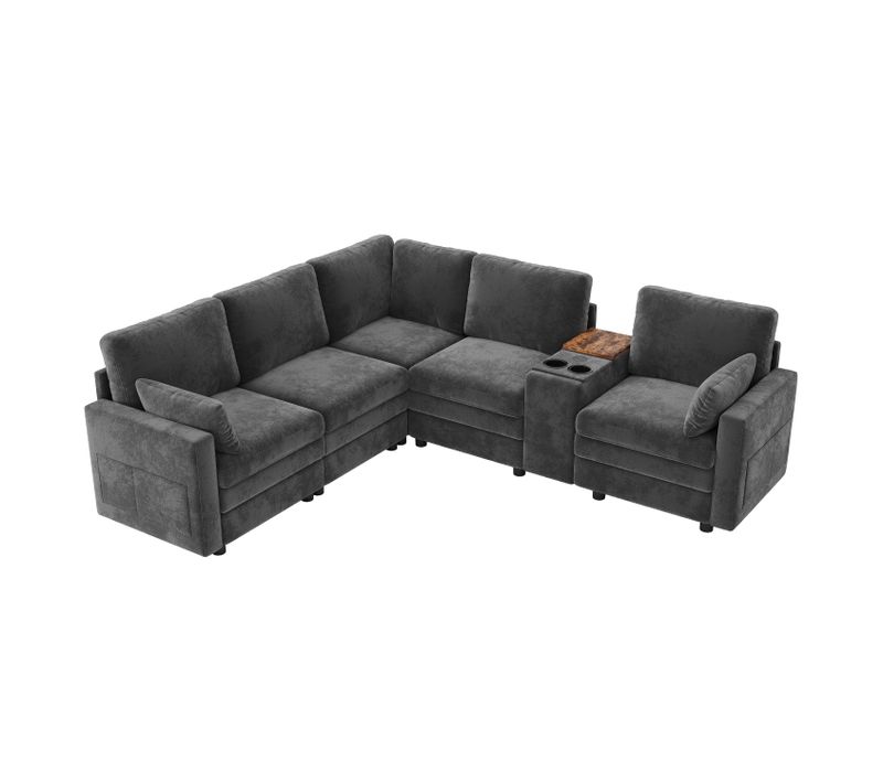 Canapé angle fixe 5 Places En Forme De L Avec USB Et Porte-gobelets Gris