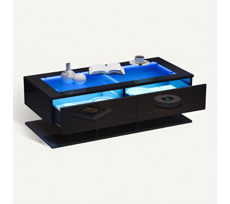Table Basse LED-table D'appoint Laquée Brillante-table De Salon Avec Tiroirs-plateau En Verre-noir