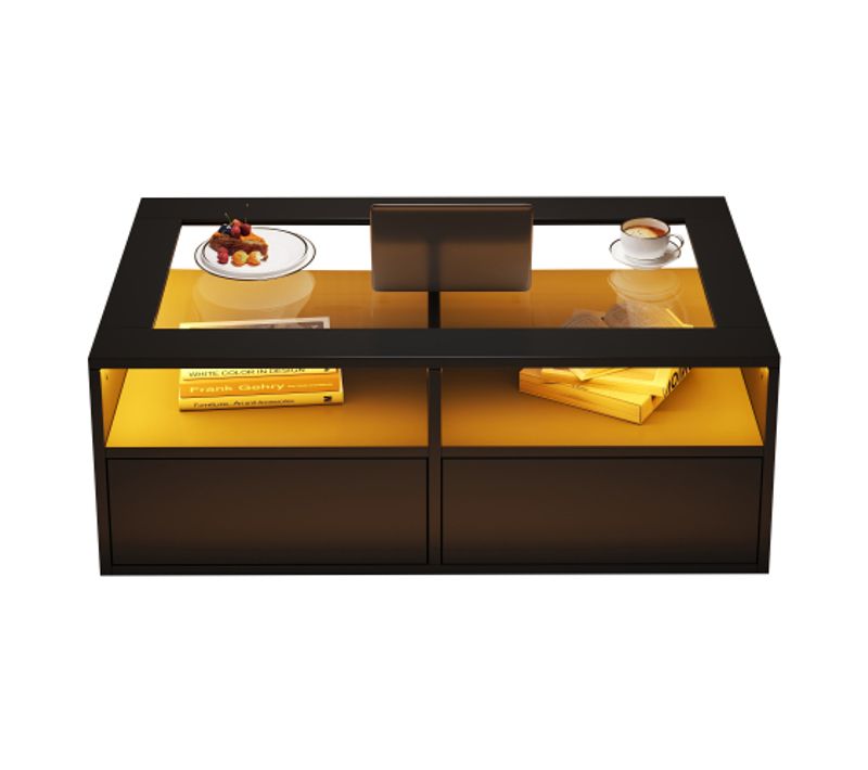 Table Basse LED-table D'appoint Avec 2 Tiroirs-en Verre, Table Basse Double Plateau-noir