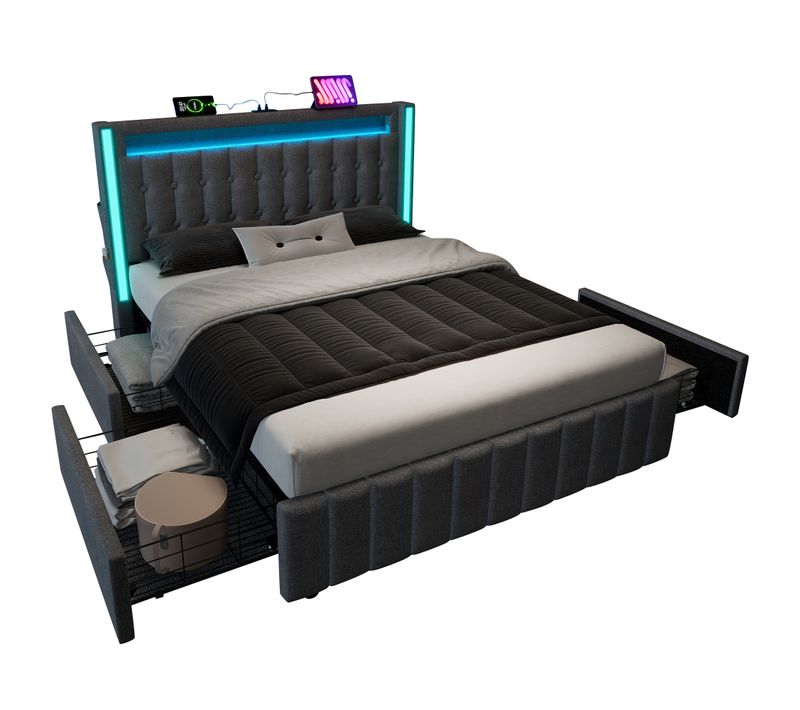 Lit 160 X 200cm Avec USB, LED Et 4 Tiroirs Polaire Lin Gris