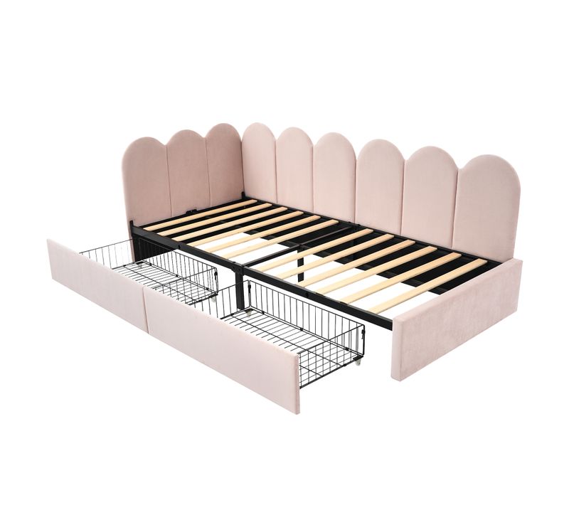 Lit Enfant 90 X 200cm Avec 2 Tiroirs Velours Rose