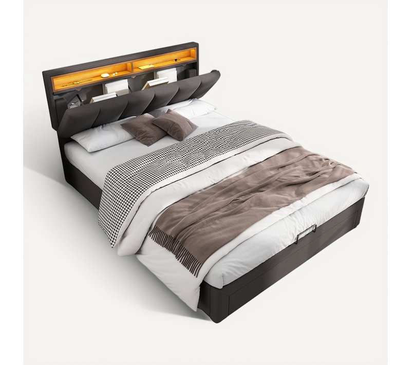 Lit Coffre 140 X 190 Cm Avec 2 Tiroirs Et LED Lin Gris
