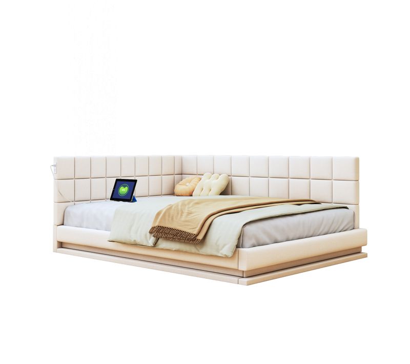Lit Enfant 140x200 Cm Avec USB Et LED Velours - Beige