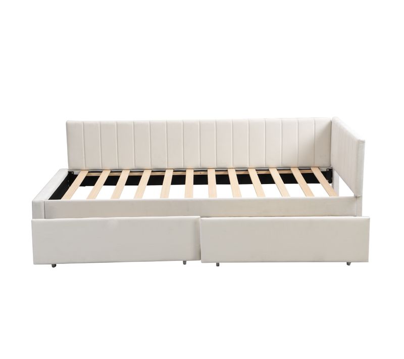 Lit Enfant 90x200 Cm Avec 2 Tiroirs Velours - Beige