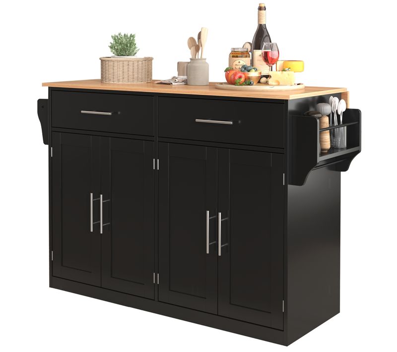 Ilot Central Cuisine Comptoir Avec 4 Portes, 2 Tiroirs Et Bureau Pliable Noir